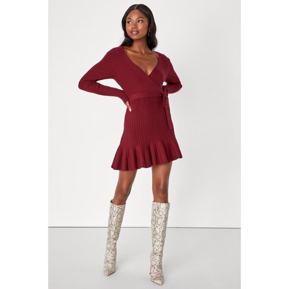 Lulus Warm Emotions Burgundy Skater Mini Sweater Dress Red - Size L
